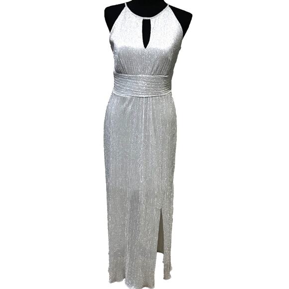 Silver Metallic Maxi Halter Keyhole Formal Prom Cocktail Dress Sz 8 Glam Holiday - Picture 1 of 12